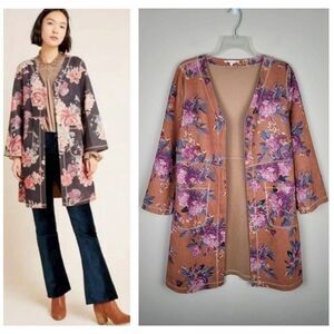 Solitaire Size S Floral Faux Suede Open Front Kimono Jacket Duster Multicolor